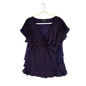 Ralph Lauren Womens Plus 2X Polka Dot Blouse Top Shirt Sleeveless Blue Red Sheer